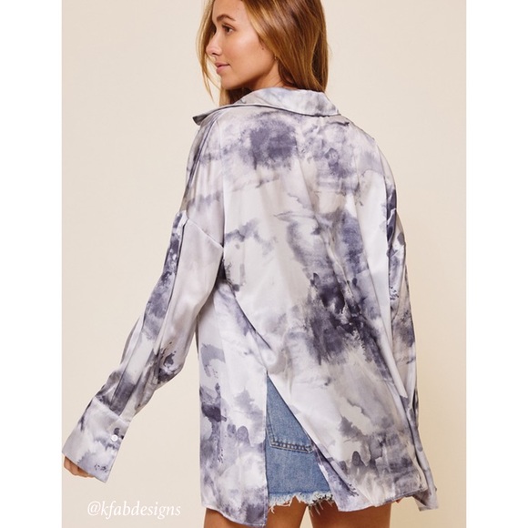 NEW! 2 Pieces! Silky Tie Dye Print Boyfriend Shirt w/Matching Crop Top! - Picture 10 of 10